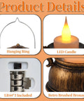 Close-up of product details for 12 Pack Mini Lanterns With Flickering LED Candles, including hanging ring, LED candle, LR44 battery compartment, retro bronze finish.