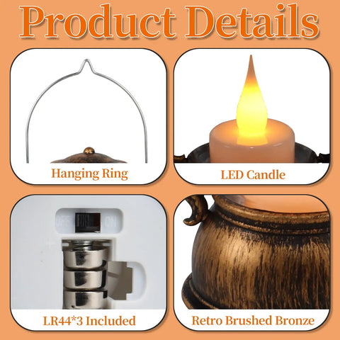 Close-up of product details for 12 Pack Mini Lanterns With Flickering LED Candles, including hanging ring, LED candle, LR44 battery compartment, retro bronze finish.