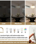 Dimensional view of Lumraxsun Vintage Pendant Light Over Kitchen Glass Kitchen Pendant Light showing low, medium, and high brightness options.
