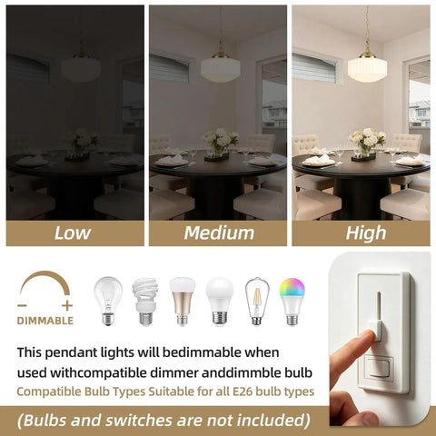 Dimensional view of Lumraxsun Vintage Pendant Light Over Kitchen Glass Kitchen Pendant Light showing low, medium, and high brightness options.
