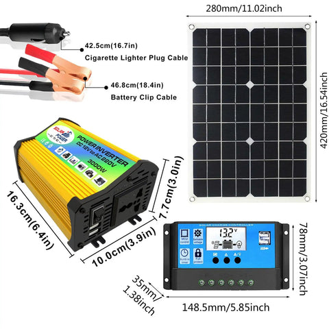 Ready To Rock 3000 Watt Off Grid Home Solar Power System Kit with 3000W inverter, solar panel, and charge controller.