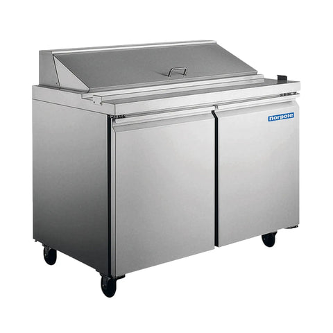 Commercial Nine Point Five Cubic Feet Stainless Steel Sandwich And Salad Prep Table Refrigerator with digital controls and adjustable shelves.