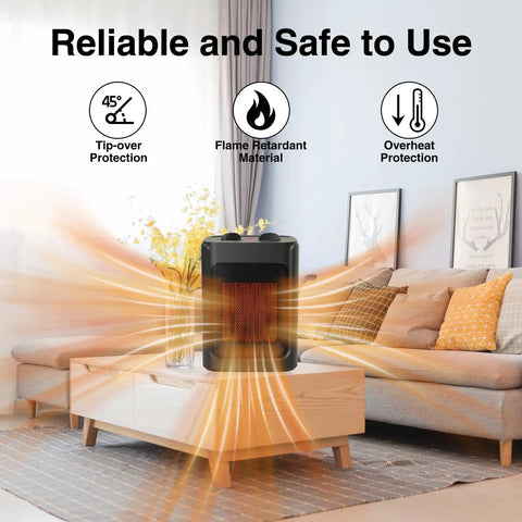 Two In One Portable Space Heater With 1500W And 1000W Settings, Quiet Ceramic Heater on table in living room, compact indoor use