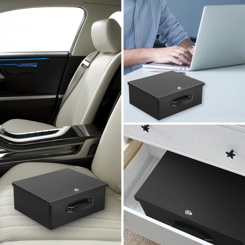 Boss-Grade Portable Safe Box With Key Lock For Fire Resistant Document Storage At Home In The Car Or Outdoors, shown in various settings