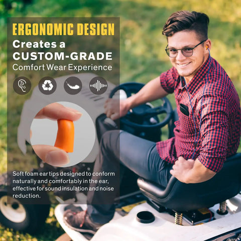 Worksite Earplug Headphones With 29dB Noise Reduction, Foam Earbud Style for protection, man using headphones on mower