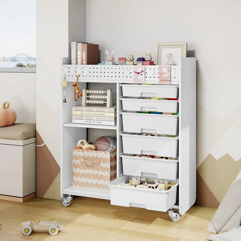 Rolling Storage Cart With Top Pegboard And Six Drawers Mobile Utility Cart On Wheels With Locking Brakes Craft Organizer