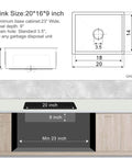 Diagram of Undermount Kitchen Sink In Brushed Stainless Steel 18 Gauge T304 Handmade Single Bowl With Drain Strainer 20 Inch L By 16 Inch W By 9 Inch D Fits Three And A Half Inch Garbage Disposal Opening Built To Last, showing dimensions and installation details.