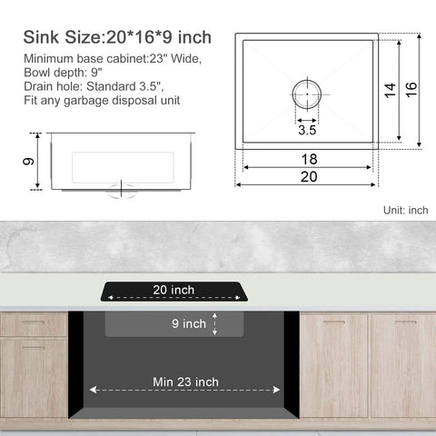 Diagram of Undermount Kitchen Sink In Brushed Stainless Steel 18 Gauge T304 Handmade Single Bowl With Drain Strainer 20 Inch L By 16 Inch W By 9 Inch D Fits Three And A Half Inch Garbage Disposal Opening Built To Last, showing dimensions and installation details.