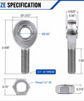 Size specifications of Two Pair One Half Inch Heim Joint Rod End Kit With Jam Nut And Bung Chromoly Joints Panhard