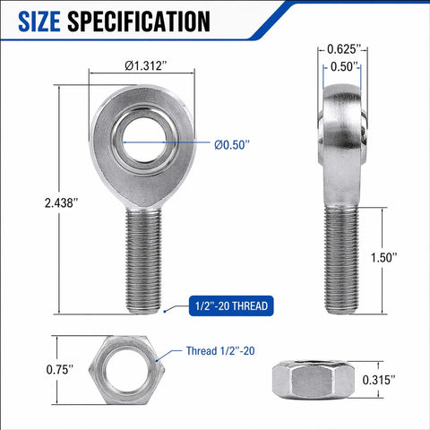 Size specifications of Two Pair One Half Inch Heim Joint Rod End Kit With Jam Nut And Bung Chromoly Joints Panhard