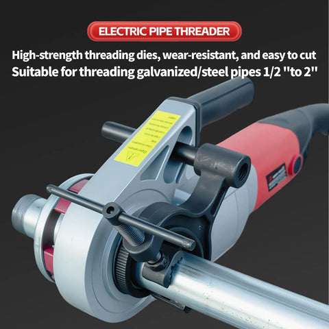 No Sweat Portable Electric Pipe Threader With Brawny 2000 Watt Copper Motor showing steel threading dies for pipes 1/2 to 2 inches.