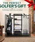 Golf Organizer For Bags And Gear With Adjustable Feet Holds Two Golf Bags And Five Metal Shelves in living room setting