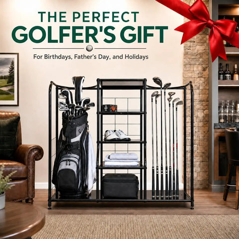 Golf Organizer For Bags And Gear With Adjustable Feet Holds Two Golf Bags And Five Metal Shelves in living room setting