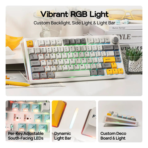 Top Shelf 75 Percent Wireless Mechanical Keyboard With Metal Volume Knob And Massive 8000 Mah Battery Triple Mode Sync To Keep You Locked In During Savage Gaming Sessions, showing vibrant RGB lights and custom backlight.