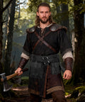Medieval Wide Belt Set With Leather Belt Large And Small Waist Pouches And Leather Sword Frog For LARP And Halloween Costumes Totally Ready Viking Or Knight All In One Accessory Kit Black Edition worn by a person in forest setting