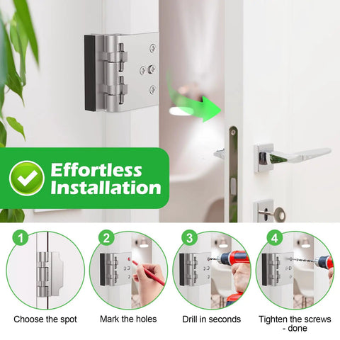 Heavy Duty Home Security Door Lock With Non Spring Flip Design For Easy Access Beefed Up Kick Proof Construction And Withstands 1200 Lbs Of Force Childproof Door Reinforcement For Inward Swinging Doors Silver 1 Pack shown installed on white door with installation steps visible.