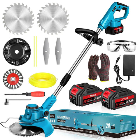 Cordless Weed Wacker with 1300W Brushless Motor, 23000 RPM, 4 Blade Types, Lightweight Trimmer, 2x 21V Batteries, Charger
