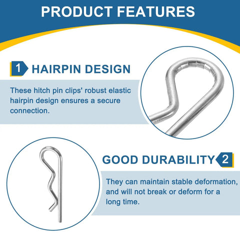 Product features of 50 Pack Hitch Pin Clip Kit 2mm x 40mm R Clips in 304 Stainless Steel, highlighting hairpin design and durability.