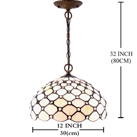 Tiffany Style Cream Amber Bead Stained Glass Pendant Light Fixture, 12 Inch Wide Shade, 32 Inch Hanging Cord With 24 Inch Chain