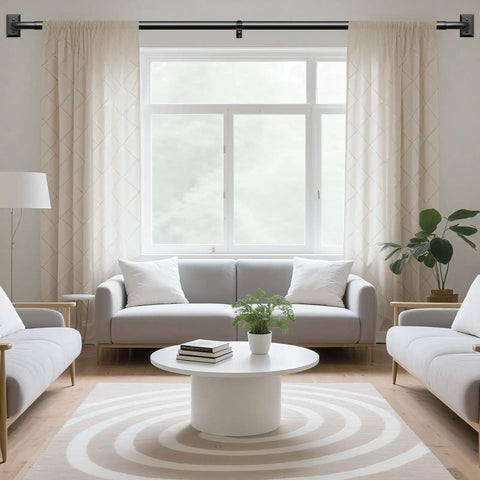 Living room with Heavy Duty Black Curtain Rods 2 Pack Wrap Around Style for 28 to 48 Inch Windows, featuring white curtains.