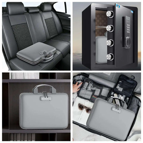 Heavy Duty Tough As Nails Fireproof Document Box With Secure Lock And Waterproof Hardcase Accordion design in a car, sealed cover.