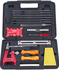 Open case displaying the All In One Chainsaw Chain Sharpening Kit With Heavy Duty Hard Case Includes Round And Flat Files, File Guide, Depth Gauge, Handles, Stump Vise, Felling Wedge, Wrench And More Accessories For Quick, On The Go Sharpening.
