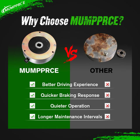Front view of MUMPPRCE golf cart motor brake on left; rusted OTHER brake disk on right
