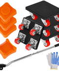 Super Heavy Duty Furniture Moving Set With 360 Spin Wheels And Smart Lifter includes dollies, orange sliders, gloves, and lifter tool.