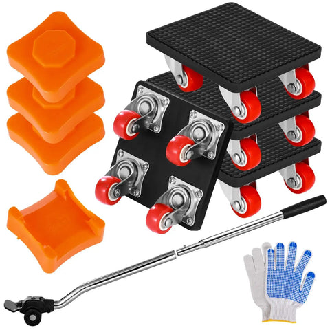 Super Heavy Duty Furniture Moving Set With 360 Spin Wheels And Smart Lifter includes dollies, orange sliders, gloves, and lifter tool.
