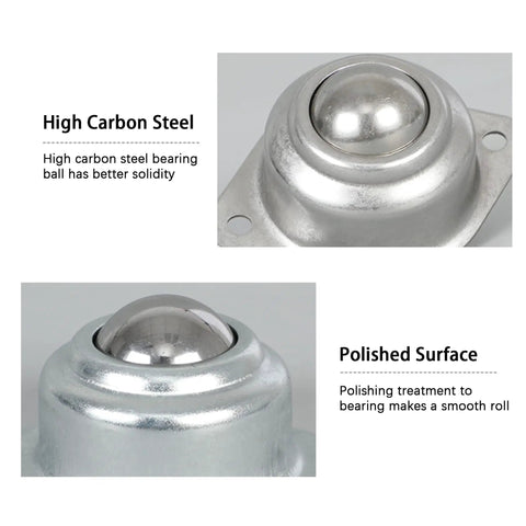 Close-up of Heavy Duty Roller Ball Transfer Bearings Set Of Eight Slick Rolling Casters with polished carbon steel finish.