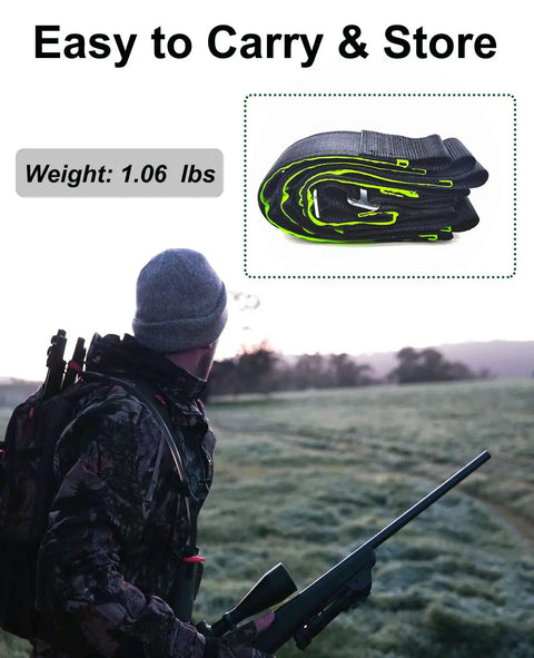 Hunter in camo with a rifle, carrying Double Thickened And Widened Four Step Climbing Aider Built Tough For Hunting Tree Steps