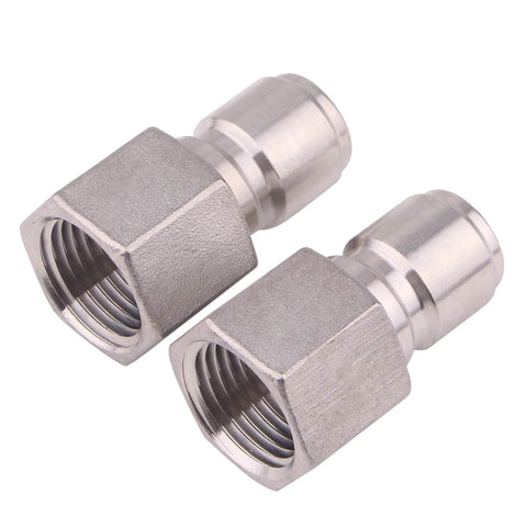 Front view of two stainless steel 1/2-inch female pipe-thread quick-disconnect fittings for homebrewing