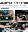 Two Pack Heavy Duty Solid Brass Car Battery Terminal Adapters Convert Side Posts To Top Mount For 12V Auto Batteries With Hardware, showing installation on 12V battery.