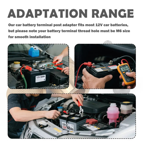 Two Pack Heavy Duty Solid Brass Car Battery Terminal Adapters Convert Side Posts To Top Mount For 12V Auto Batteries With Hardware, showing installation on 12V battery.