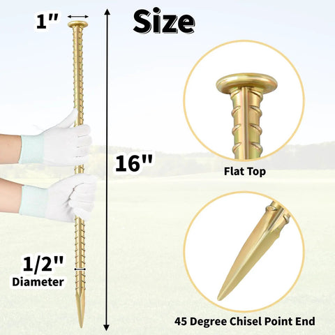 16 inch rebar stake with 1/2 inch diameter, galvanized steel ground anchor, flat top, and chisel point end for outdoor use