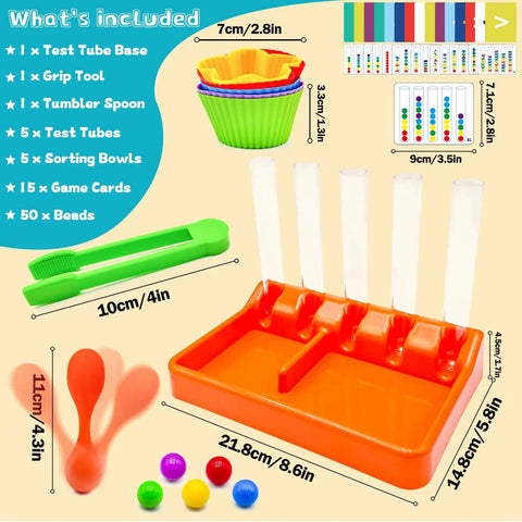 Kickstart Early Math Skills With This Awesome Color Sorting And Counting Toy Set For Toddlers showing test tubes, trays, and colorful counting beads.