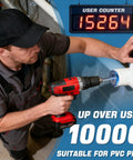 Worker using drill with Pro Grade Versatile PVC Pipe Reamer Kit Set From Half Inch To Four Inch for PVC pipes with user counter.