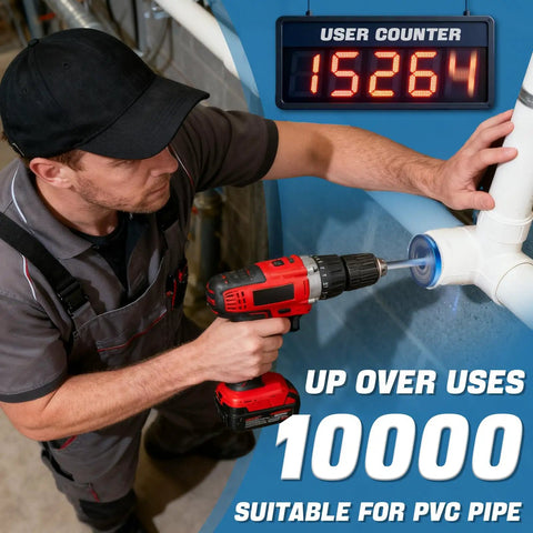Worker using drill with Pro Grade Versatile PVC Pipe Reamer Kit Set From Half Inch To Four Inch for PVC pipes with user counter.