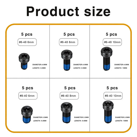 Solid Gunsmithing Screw Kit With Zero Drama Offering Six Forty Eight And Eight Forty Threads Size Six Through Ten Millimeters, black screws with dimensions.