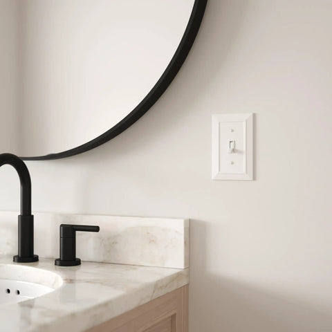 Classic Architecture 3 Gang Light Switch Cover 1 Pack In Pure White Decorative Wall Plate for Home Upgrade installed in bathroom.