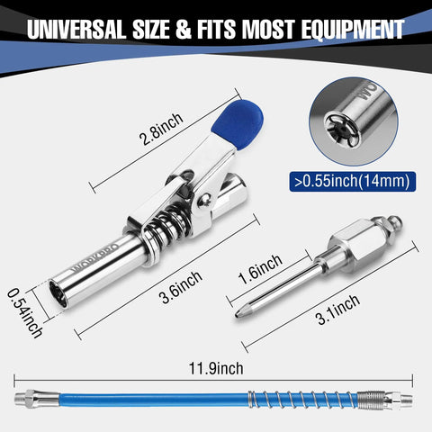Image showing components of the Beefed Up Quick Release Grease Gun Coupler Set With 2 Couplers 2 Grease Needles And 2 12 Inch Hoses 10000 PSI Locking Seal For Zerk 1 Eighth NPT Fittings Heavy Duty including hose and dimensions.