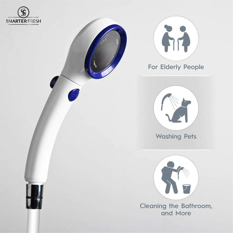Sink Hose Sprayer Attachment For Bathroom And Kitchen Faucets, white handshower with ergonomic design and pet washing icons.