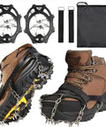 Ice Cleats For Boots Anti Slip Crampons With 19 Stainless Steel Spikes Traction Grips shown on brown hiking boots