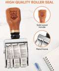 Super Handy Self Inking Roller Date Stamp with solid wood handle and metal frame for crafting and library projects.