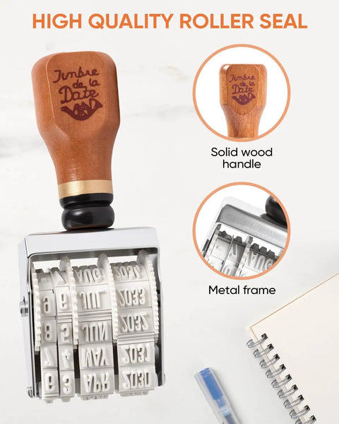 Super Handy Self Inking Roller Date Stamp with solid wood handle and metal frame for crafting and library projects.