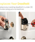 Installation of Slick Black Smart Keyless Entry Door Lock With Apple Home Keys replacing deadbolt with a screwdriver.