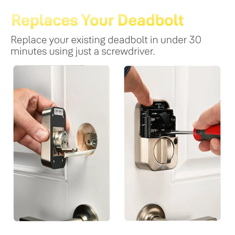 Installation of Slick Black Smart Keyless Entry Door Lock With Apple Home Keys replacing deadbolt with a screwdriver.