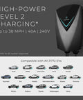 J1772 Level Two EV Charger 40 Amp 240 Volt with compatible EVs shown in a grid format and wall-mounted design.
