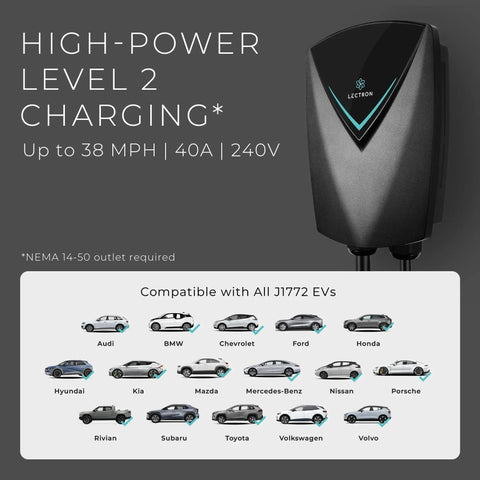 J1772 Level Two EV Charger 40 Amp 240 Volt with compatible EVs shown in a grid format and wall-mounted design.