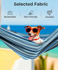Two Person Outdoor Hammock With Adjustable Metal Stand For Patio Or Garden with dog in striped fabric, beach backdrop